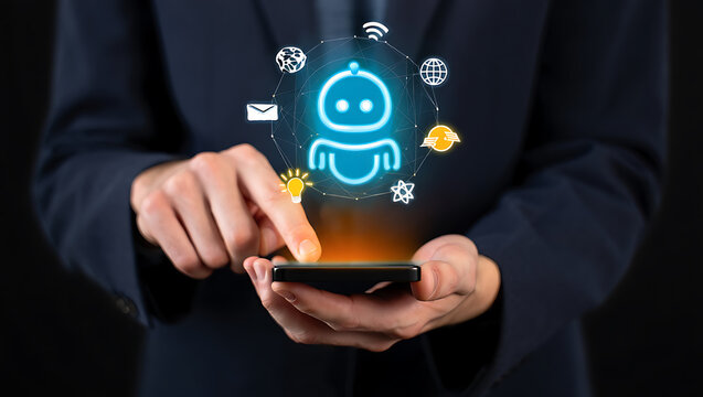 Person using smartphone with glowing chatbot interface and digital icons artificial intelligence technology - Powered by Adobe