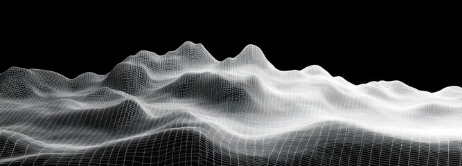 Abstract three-dimensional white wireframe terrain model with smooth wave-like peaks and valleys on a black background