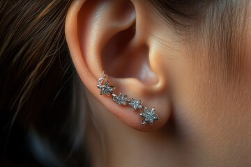 Close-up of an ear adorned with a delicate silver floral chain earring, showcasing smooth skin and fine hair strands