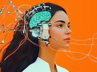 Profile of a young woman with long dark hair connected to futuristic cybernetic brain implants and wires against a bright orange background