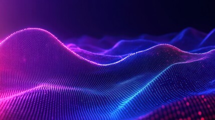 Abstract digital wave landscape with glowing purple and blue dots creating fluid, undulating formations conveying futuristic and dynamic movement