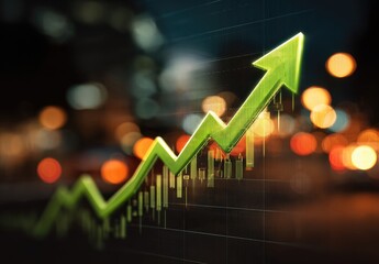 A vibrant green upward-trending arrow graph superimposed on a night city background.  Financial data points and bar charts are visible