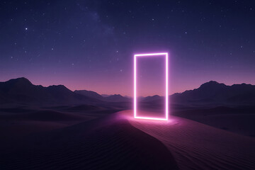 Futuristic Neon Portal in Desert Nightscape  Surreal Minimal Landscape with Starry Sky