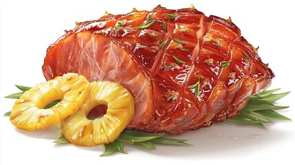 Glazed spiral-cut ham, glistening with a rich, reddish-brown glaze, rests on a bed of green leaves, accompanied by two grilled pineapple rings.  The ham 