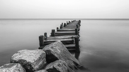 Fototapeta premium old wooden pier extending into calm sea with large rocks in foreground under smooth sky in black and white