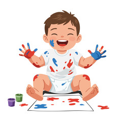 A creative preschooler drawing with colorful paint and pencils on a table