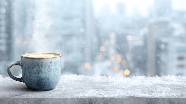 Steaming hot coffee in ceramic blue mug on snowy balcony railing with blurred city skyline background creating cozy winter morning atmosphere - Powered by Adobe