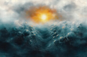 Obraz premium Surreal underwater scene with glowing sun above turbulent dark blue water and floating translucent bubbles, evoking mystery and tranquility