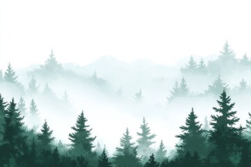 Misty mountain landscape with a foreground of dark green evergreen trees silhouetted against a pale, hazy background of rolling hills and a white sky. 