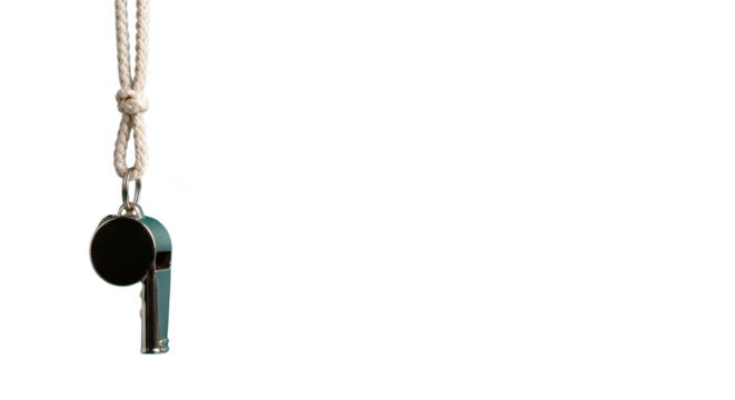 Metallic whistle hangs on white cord