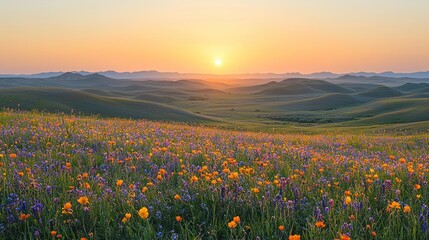 Fototapeta premium Sunrise over a vibrant flower-filled prairie. Rolling hills bathed in the golden light of dawn, carpeted with wildflowers in vibrant hues of orange, purple, and yellow