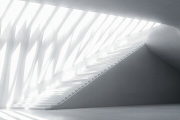 Minimalist interior with a wide staircase illuminated by natural light through a geometric patterned ceiling, creating a serene and futuristic atmosphere
