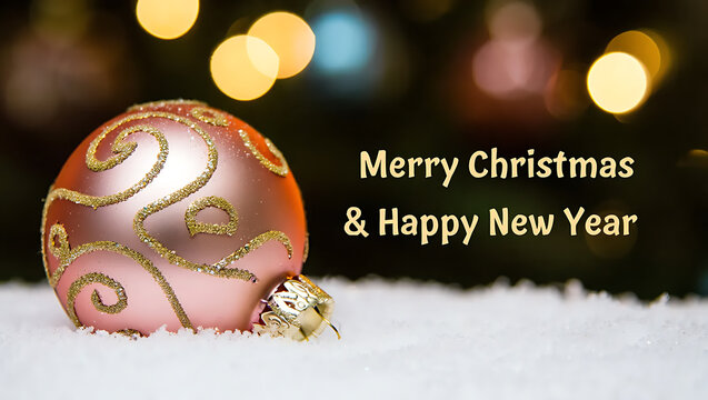 Pink bauble with gold swirls in snow christmas ornament