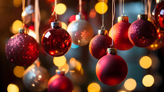 Red and silver glittery baubles with bokeh lights christmas ornaments red baubles