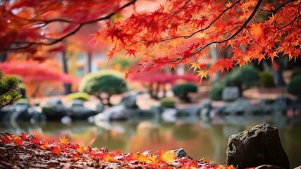 日本庭園と紅葉したカエデ、秋の動画