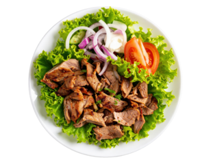 A plate of grilled doner kebab meat with fresh lettuce tomato onion and cucumber salad top view.