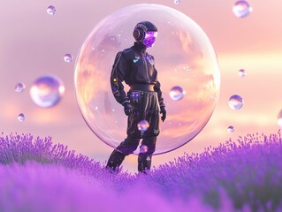Futuristic figure in black suit and glowing purple helmet standing inside a large transparent bubble surrounded by smaller bubbles over a vibrant purple lavender field at sunset