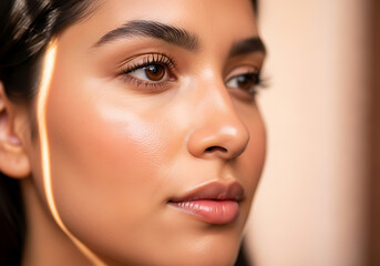 Fototapeta premium Close-up portrait of a young woman with glowing skin, looking slightly off-camera, with a beam of light across her face.
