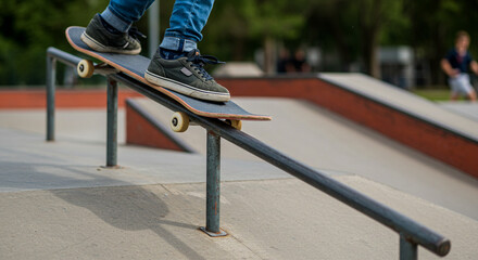 A person's feet on a skateboard are balanced and sliding along a metal rail in a skatepark, showing a popular rail trick from a low angle