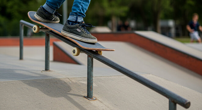 A person's feet on a skateboard are balanced and sliding along a metal rail in a skatepark, showing a popular rail trick from a low angle - Powered by Adobe