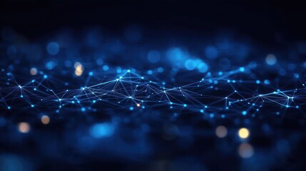 Abstract digital network with interconnected glowing blue nodes and lines forming a complex web on a dark background