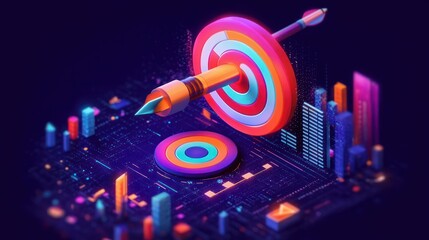 Vibrant 3D illustration of a colorful dart piercing the center of a target amidst futuristic digital cityscape and glowing neon elements conveying precision and success