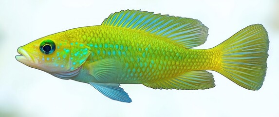 close-up of a vibrant yellow and green fish with blue spots and detailed fins against a white background