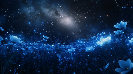 Glowing blue flower field at night