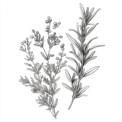 Naklejka premium Detailed black and white botanical illustration of two different herb branches with small rounded berries and slender leaves, showcasing natural textures and fine linework