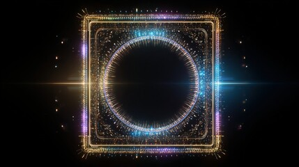 Abstract, digital square frame with circular center, glowing blue and orange