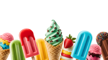 A vibrant and colorful collection of different ice creams, popsicles, and soft serve on a transparent background

