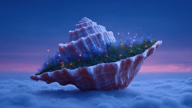 Magical unrealistic art of floating shell above serene clouds. Nature fantasy digital illustration of dream world with glowing plant - Powered by Adobe
