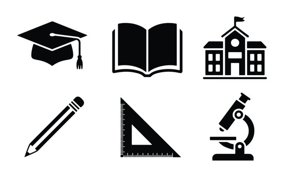Solid Black Vector Icons – Graduation Cap, Book, School, Pencil & More Collection, education, graduation, cap, book, school, building, pencil, ruler, microscope, learning, study, silhouette, icons