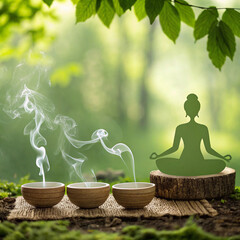 Meditation Silhouette and Aromatherapy Bowls with Incense Smoke in Peaceful Forest Setting

