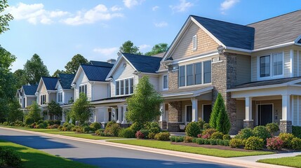 Row of modern suburban houses with well-maintained front yards and lush greenery under a bright blue sky with scattered clouds