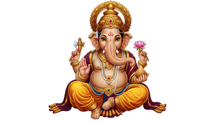 Ganesha the Hindu God of Beginnings and Remover of Obstacles, Hindu God Ganesha Seated in Lotus Position with Axe and Lotus Flower