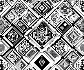Intricate black and white geometric pattern of overlapping squares with varied symmetrical designs and ornamental details creating a hypnotic and complex visual effect