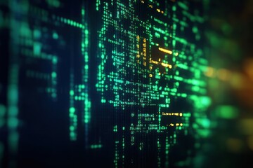 Close-up digital data visualization with glowing green and yellow matrix-like code lines on a dark screen representing programming and information flow