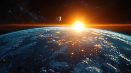 Glowing sun rising over Earth with illuminated city lights visible on the dark side and moon in starry space background