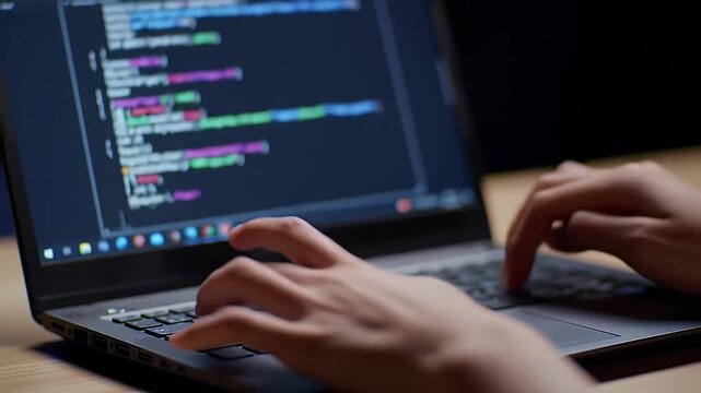 Hands Typing Programing Code on Laptop with Black Screen and Wooden Desk in Dimly Lit Room