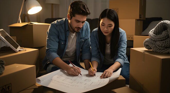 A young couple, an asian woman and a caucasian man, collaborate on a blueprint amidst moving boxes in their new home, planning their interior design