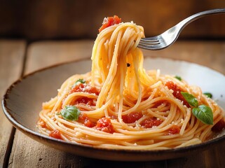 Fork twirling spaghetti pasta with tomato sauce and fresh basil leaves on a rustic ceramic plate