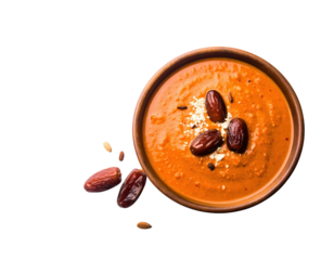 Rustic clay bowl of thick date paste garnished with whole dates and sesame seeds.