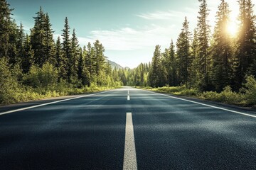 Naklejka premium Empty paved road running through dense green forest with tall trees on both sides under a bright sky with sunlight shining