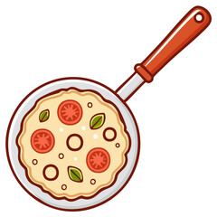 Hand drawn pizza with tomatoes and basil in a frying pan cooking illustration
