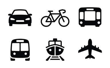 Naklejka premium Black Vector Silhouettes – Ship, Airplane, Bicycle, Car, Bus & Train, transportation, vehicle, car, bus, bicycle, train, ship, airplane, travel, transit, silhouette, icon, vector, flat, black
