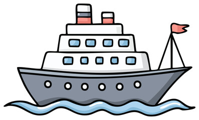 Obraz premium Cartoon cruise ship illustration with flag and waves, nautical vessel for travel, isolated on white background
