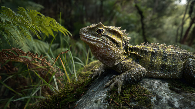 Uatara (Sphenodon punctatus) gracefully resting on a sun-warmed rock in the vibrant greenery of its New Zealand home