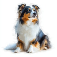 portrait of a calm and alert tricolor australian shepherd dog sitting and looking attentively to the side against a white background