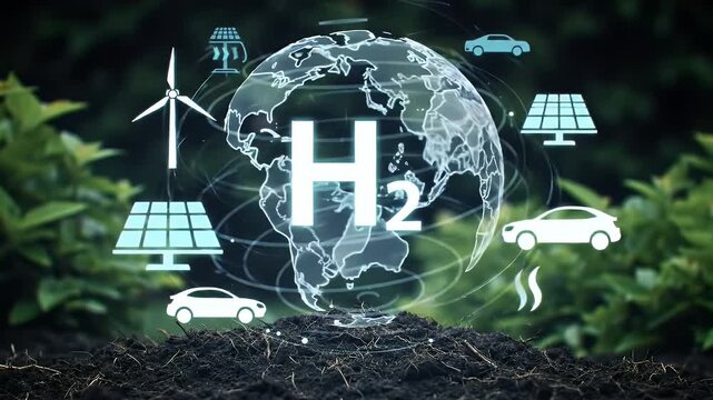 Hydrogen Fuel Production On Soil With Digital Globe and Green Energy Icons in Green Foliage Promoting Sustainable - Powered by Adobe